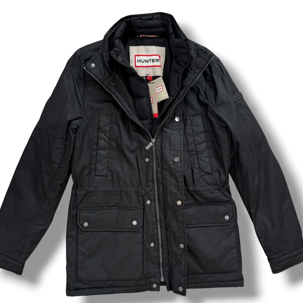 Hunter Mens Robert Waxed Twill Utility Jacket Size Small Solid Black Full Zip